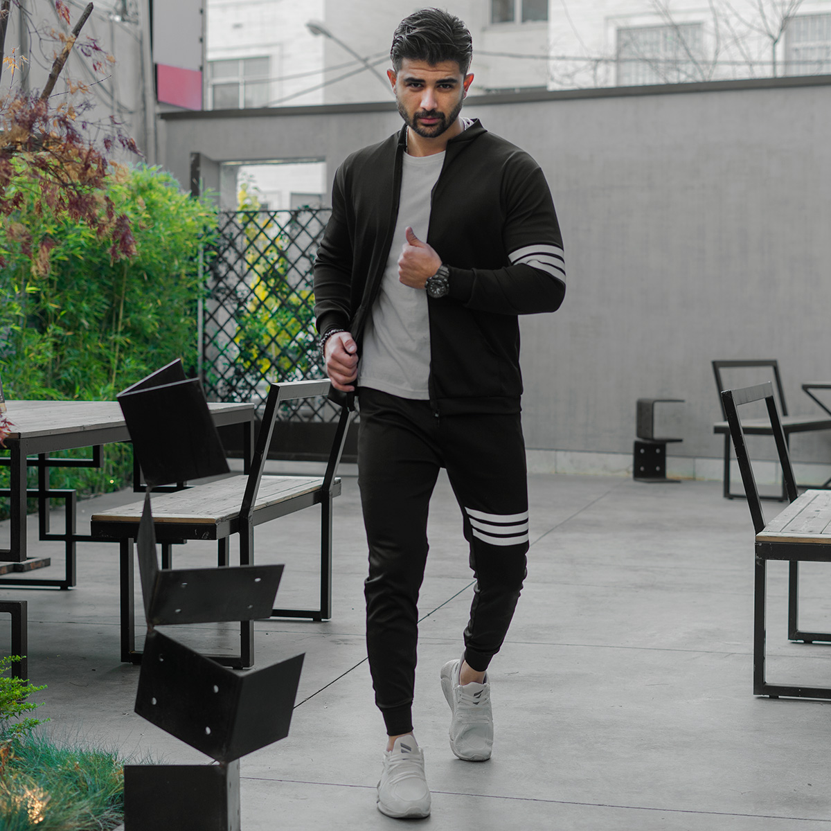 ست سوییشرت شلوار مردانه مشکی خط دار مدلTAKTA