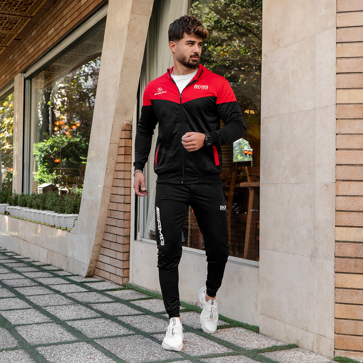 ست سوییشرت شلوار قرمزمشکی مردانه مدلBoss