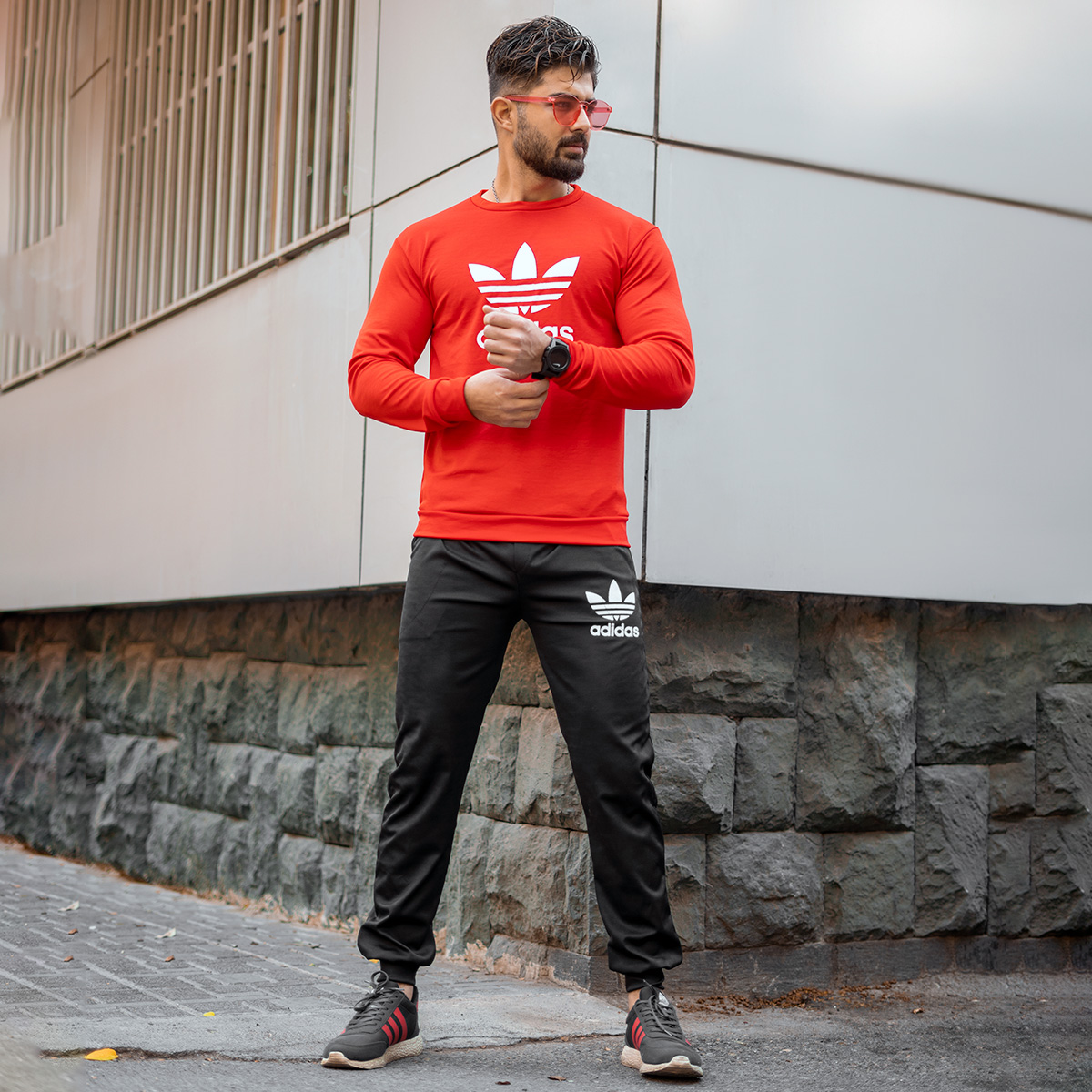 ست بلوز شلوار Adidas مردانه قرمز مشکی مدل Hani