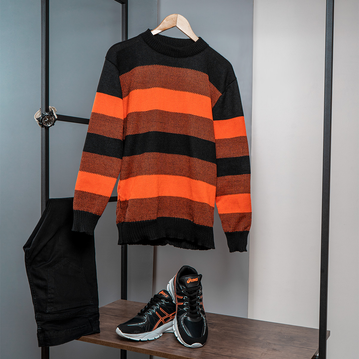 پلیور مردانه راه راه نارنجی مدل David