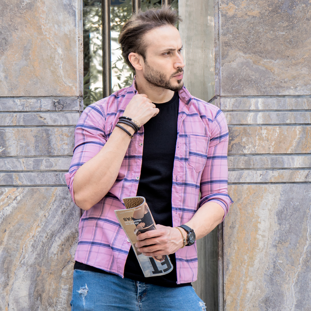 پیراهن چهارخانه(T) درشت صورتی مدل Dgr