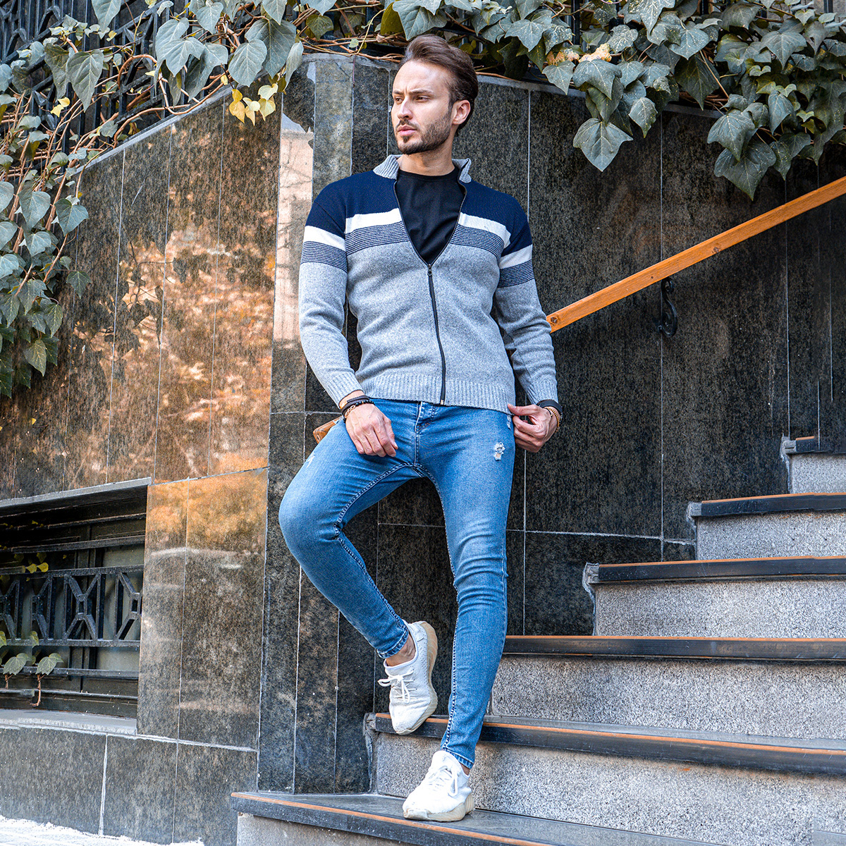 بافت مردانه زیپ دار دورنگ آبی طوسی مدل shadima