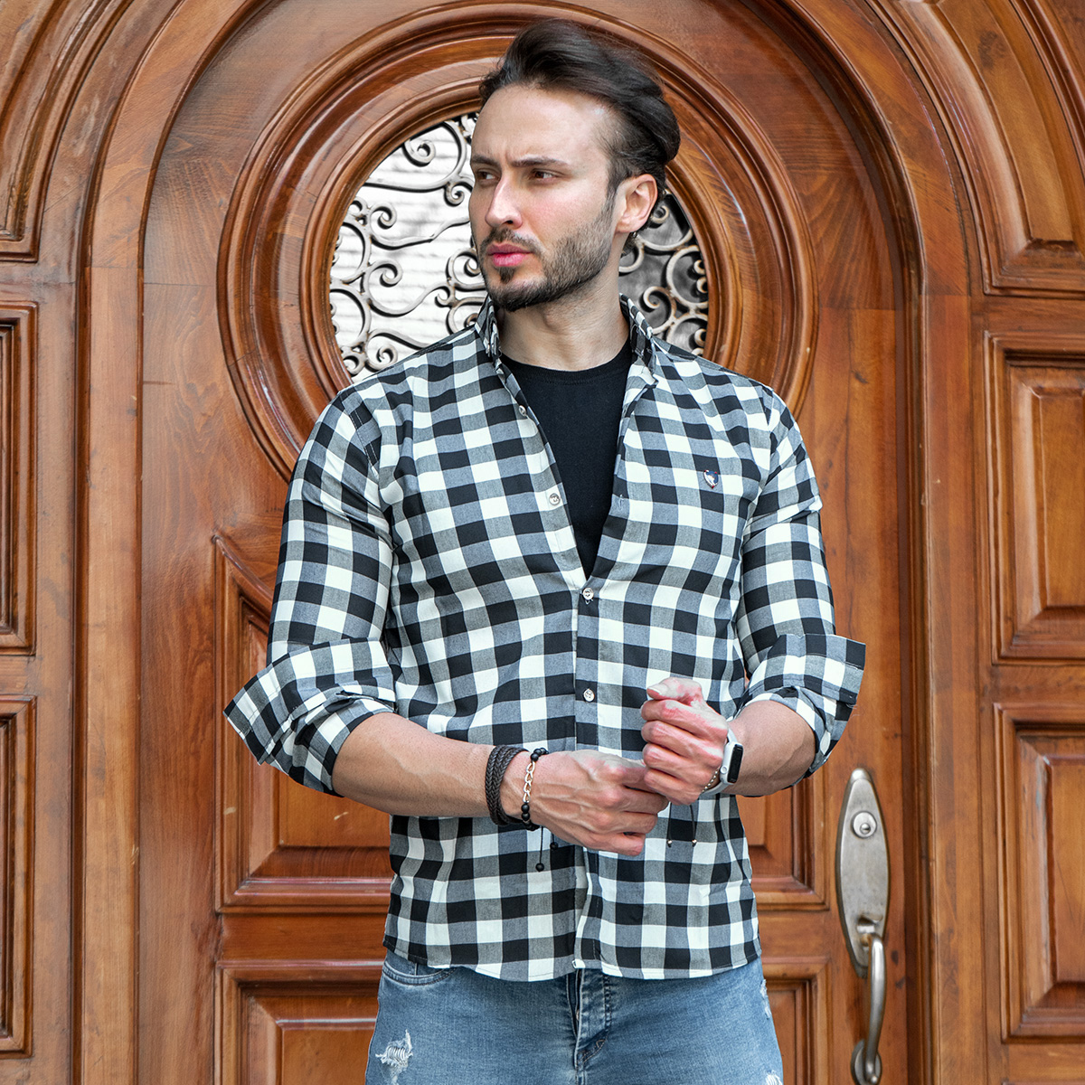 پیراهن چهارخانه مشکی سبز مدل 4560