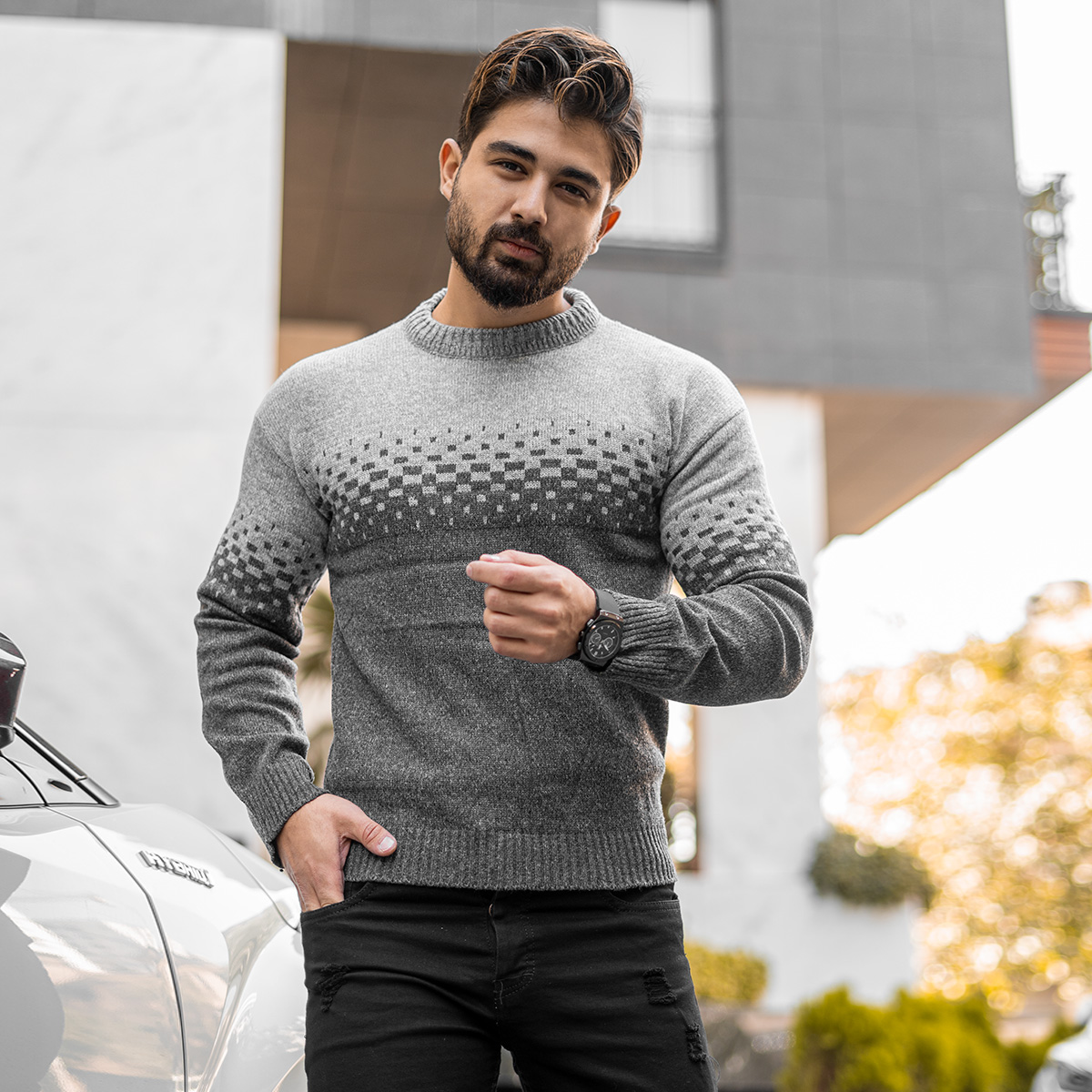 پلیور مردانه دو رنگ طوسی ذغالی مدلShatel