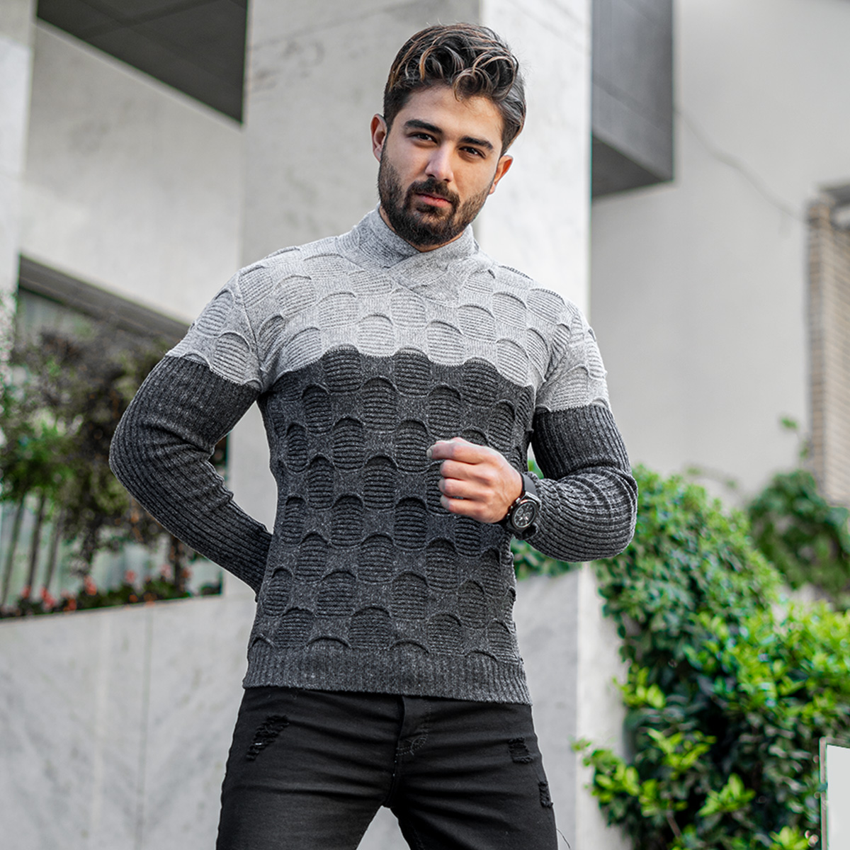 پلیور دورنگ طوسی ذغالی مردانه مدلArkia