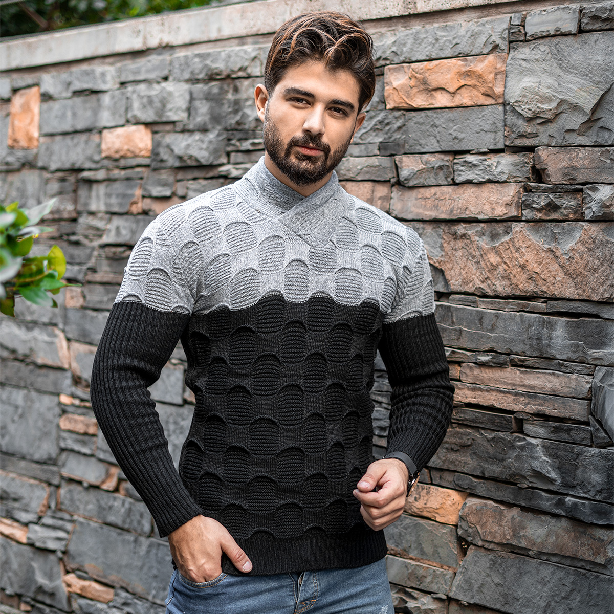 پلیور دورنگ طوسی مشکی مردانه مدلArkia