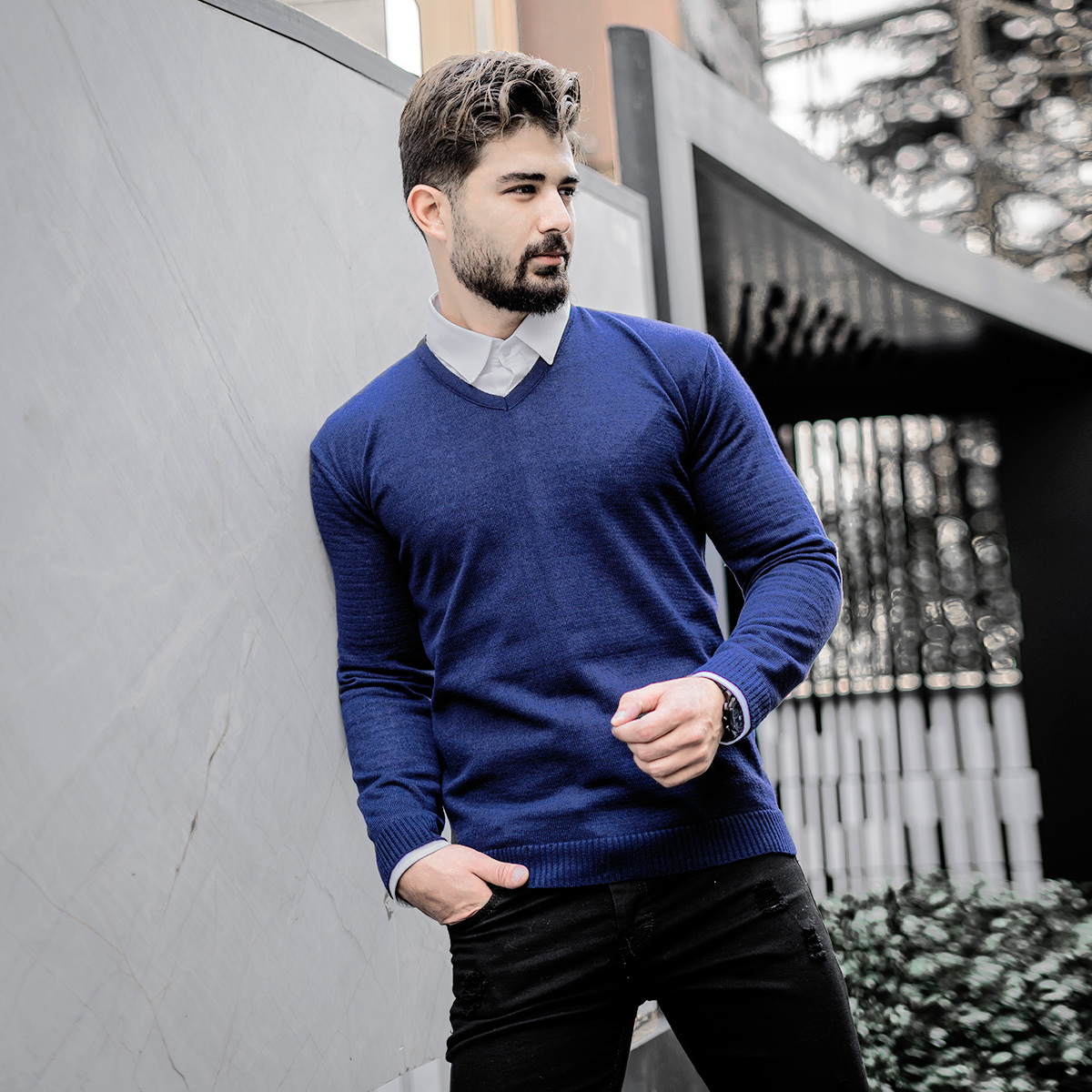 پلیوربافت یقه هفت سرمه ای مردانه مدلETM