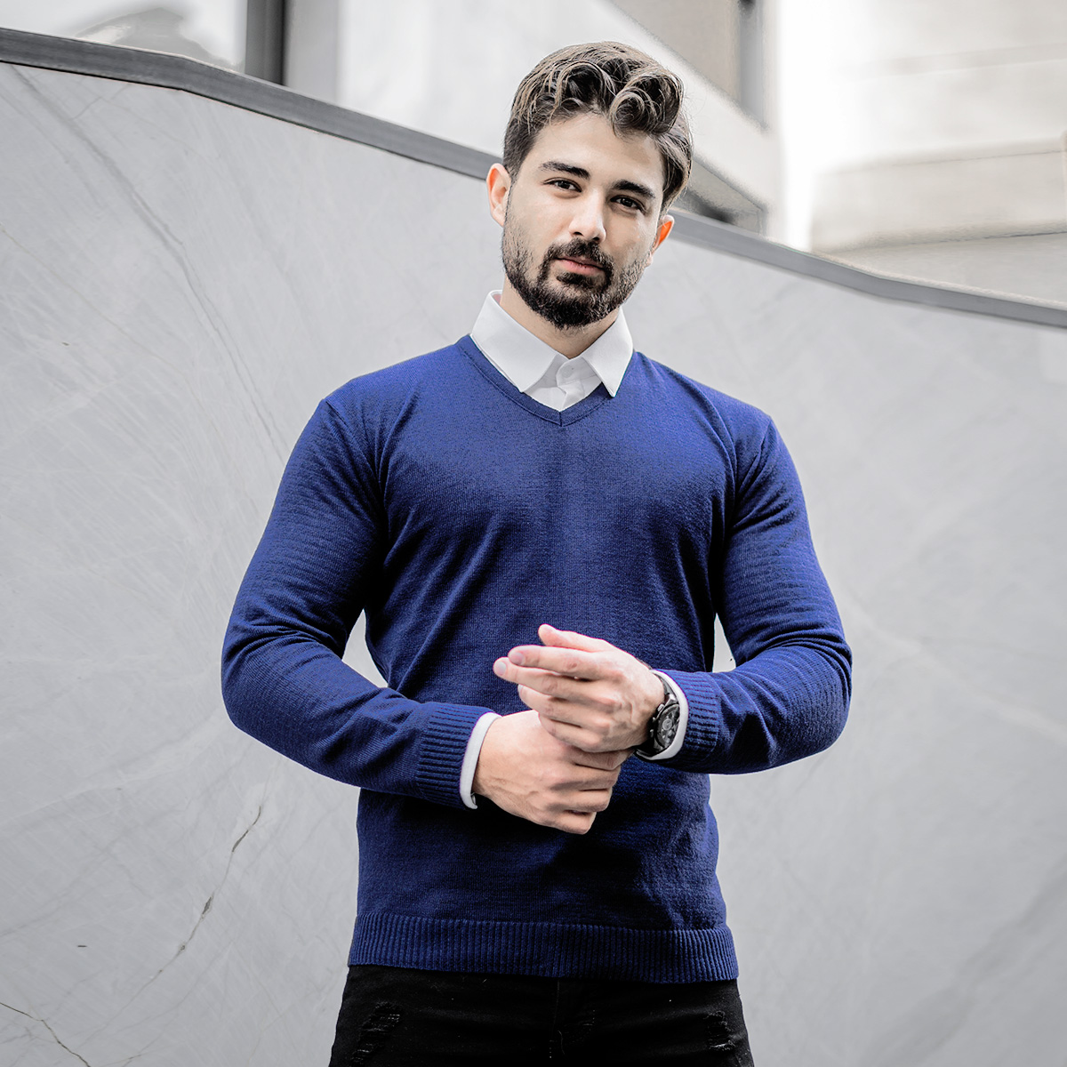 پلیوربافت یقه هفت سرمه ای مردانه مدلETM