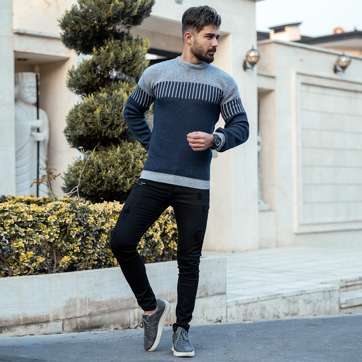 پلیور بافت مردانه طوسی سرمه ای مدل risha