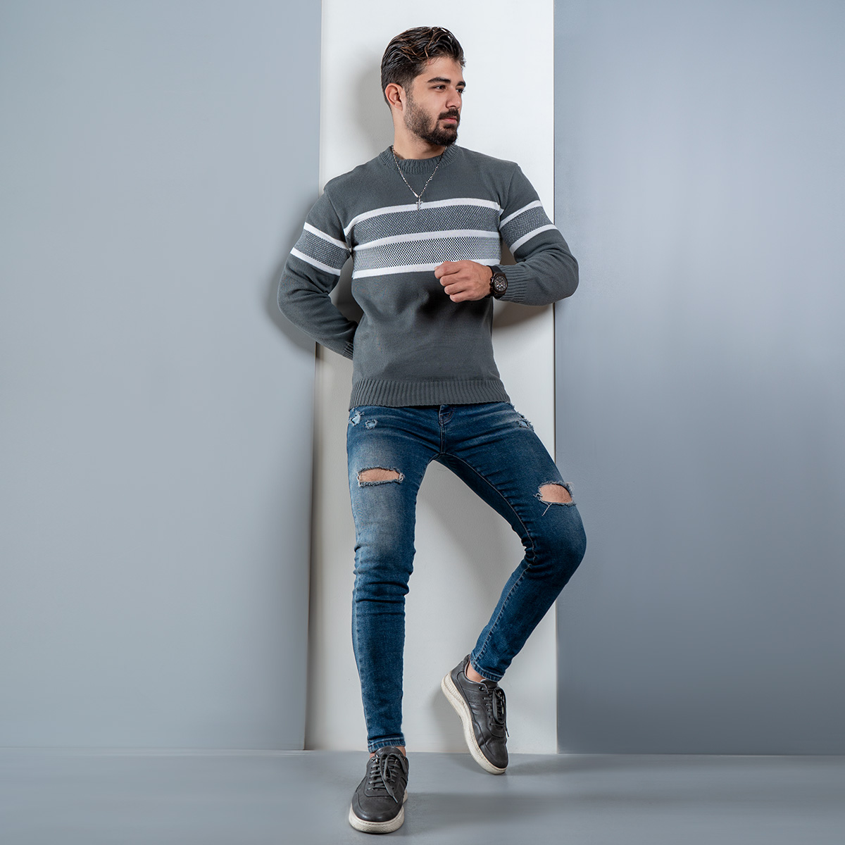 پلیور راه راه ذغالی(T) مردانه مدل iyli