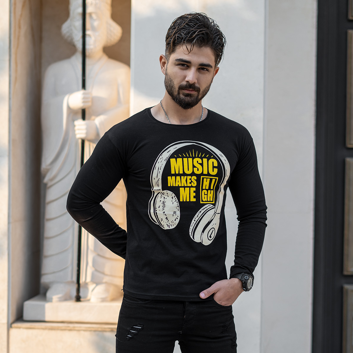 تیشرت آستین بلند مردانه طرح هدست مشکی مدل O22