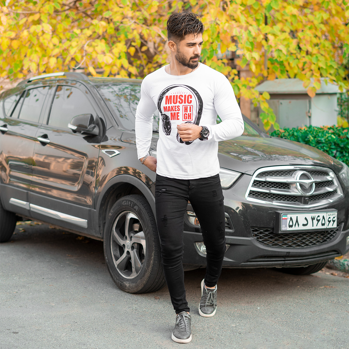 تیشرت آستین بلند مردانه طرح هدست سفید مدل O22