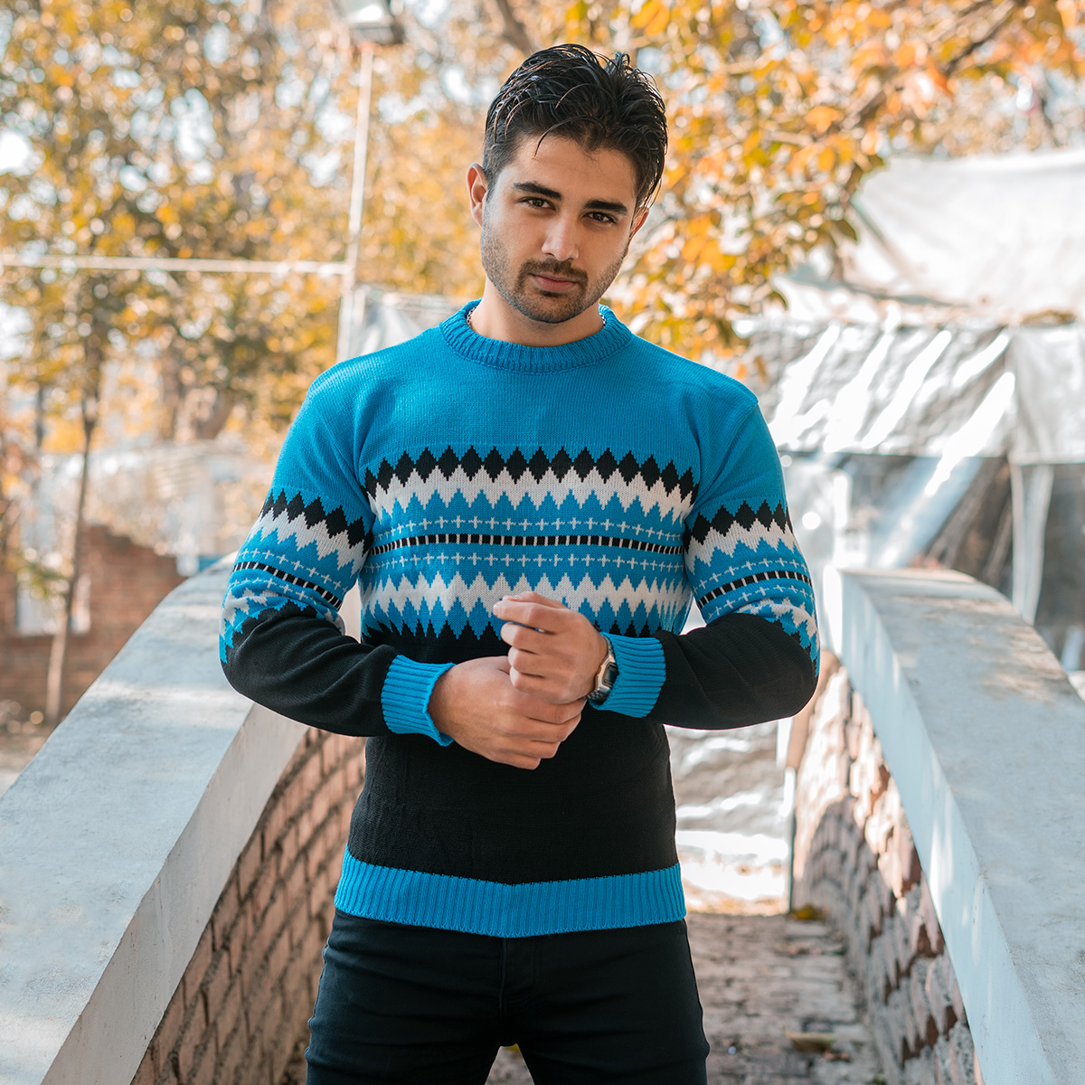 پلیور ژاکارد آبی مشکی مردانه مدلSami