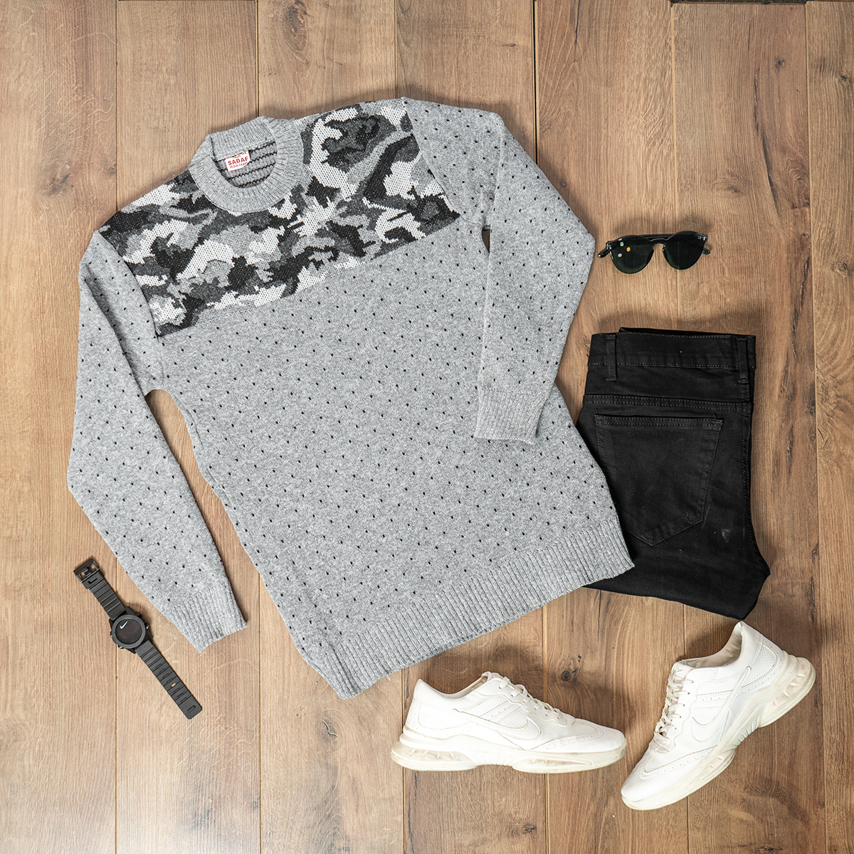 پلیور بافت مردانه طوسی روشن طرح چریکی مدلLando