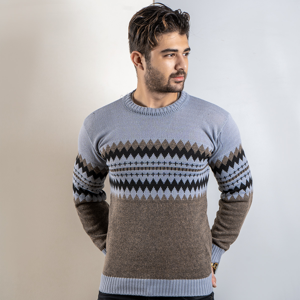 پلیور ژاکارد طوسی قهوه‌ای (T)مدل aroni