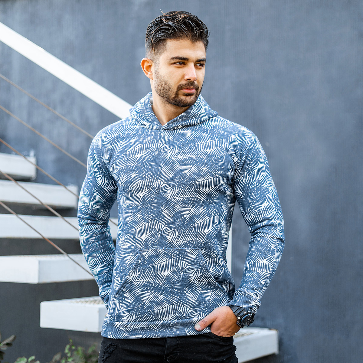 هودی مردانه طرح برگ سرمه ای مدل Homan