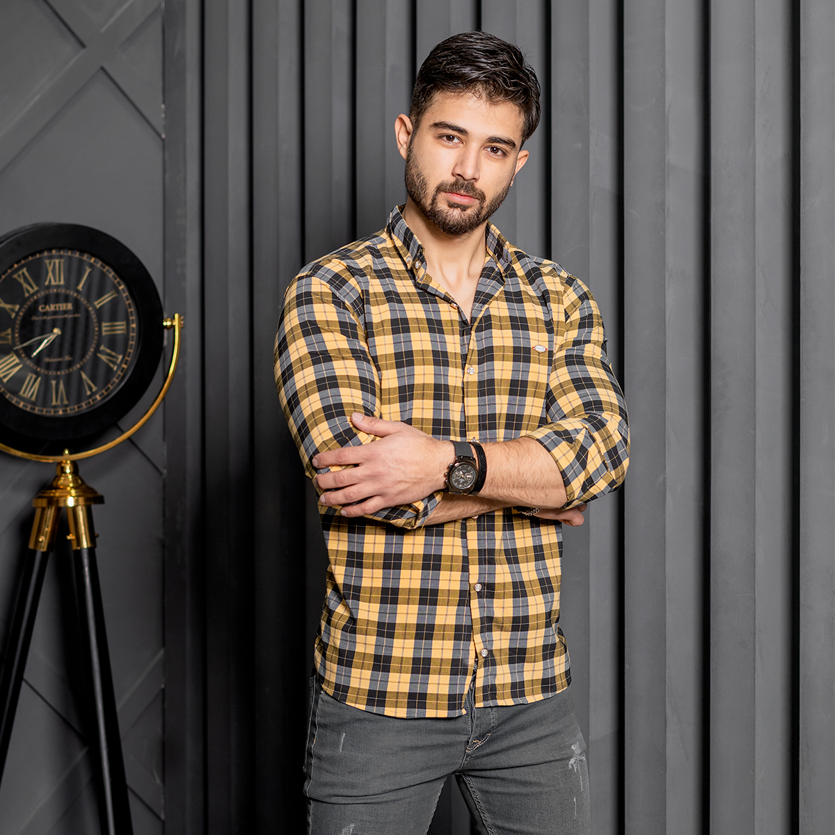 پیراهن چهارخونه مشکی زرد مدل Mahed