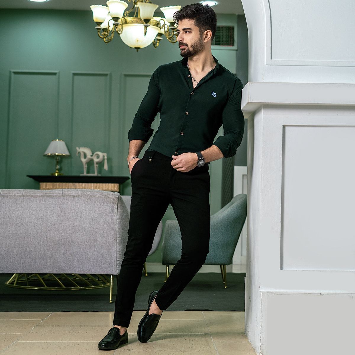 پیراهن مردانه سبز یشمی مدل VQ