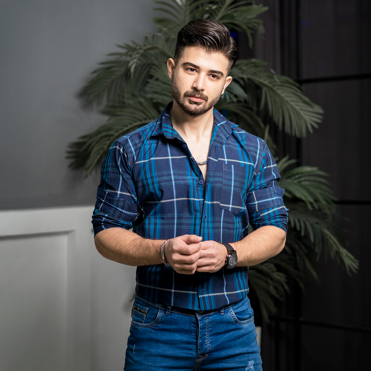 پیراهن مردانه چهارخونه سرمه ای آبی مدل stok