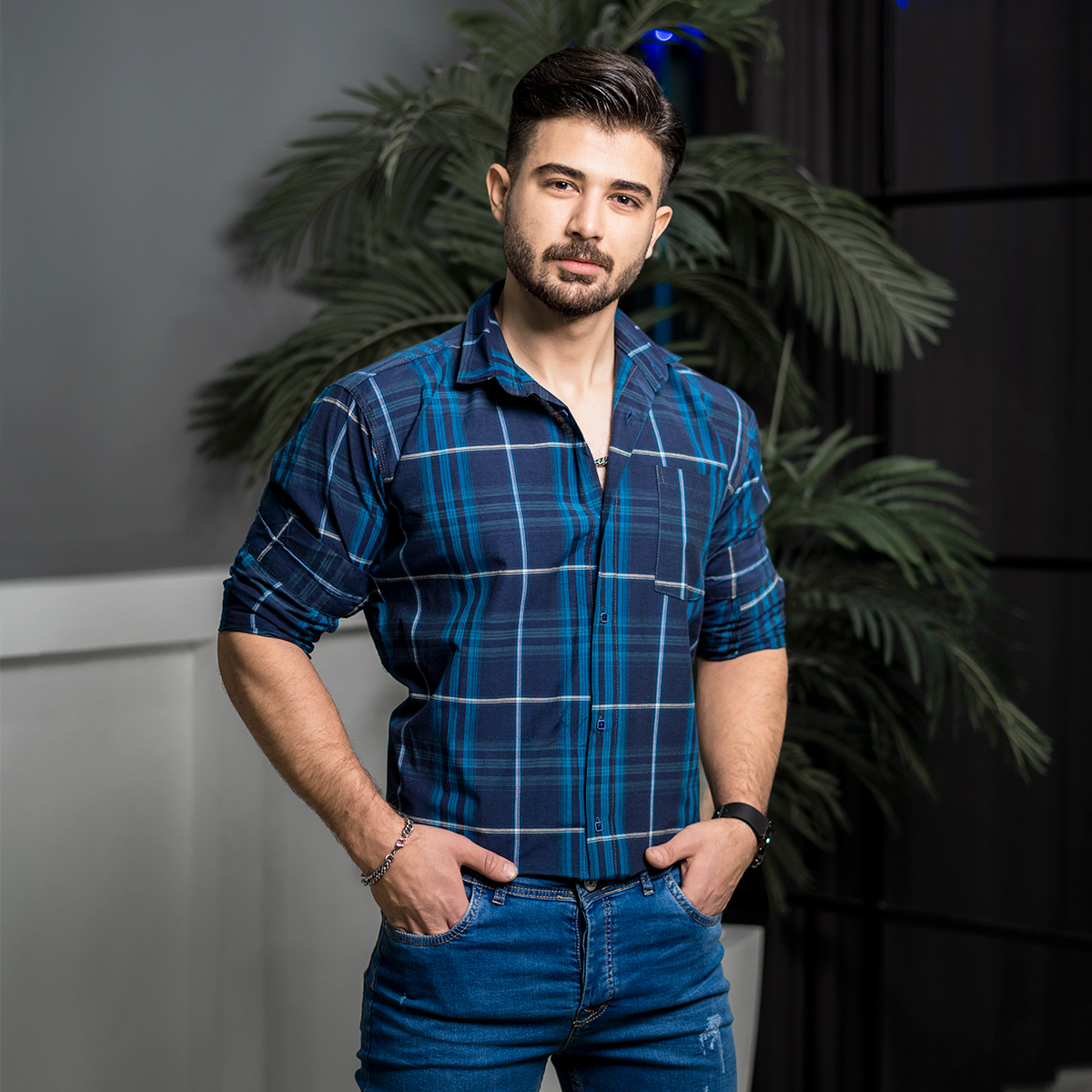 پیراهن مردانه چهارخونه سرمه ای آبی مدل stok
