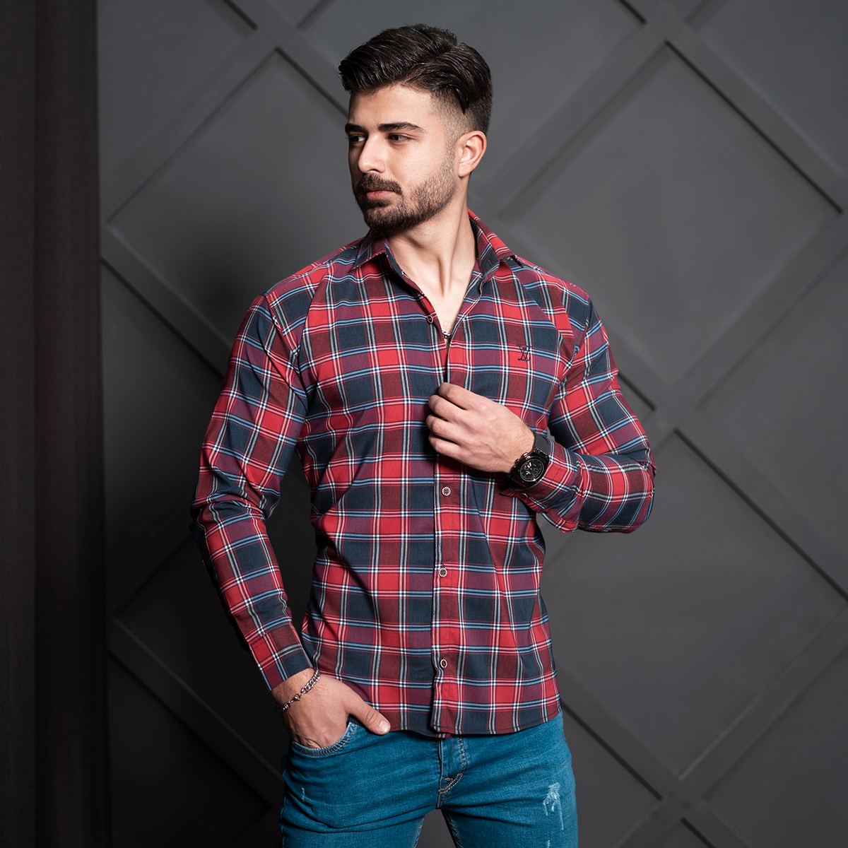 پیراهن چهارخونه مردانه قرمز مدل Faraz