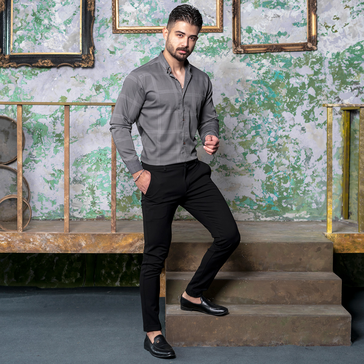 پیراهن مردانه چهارخونه طوسی مدل Ravin