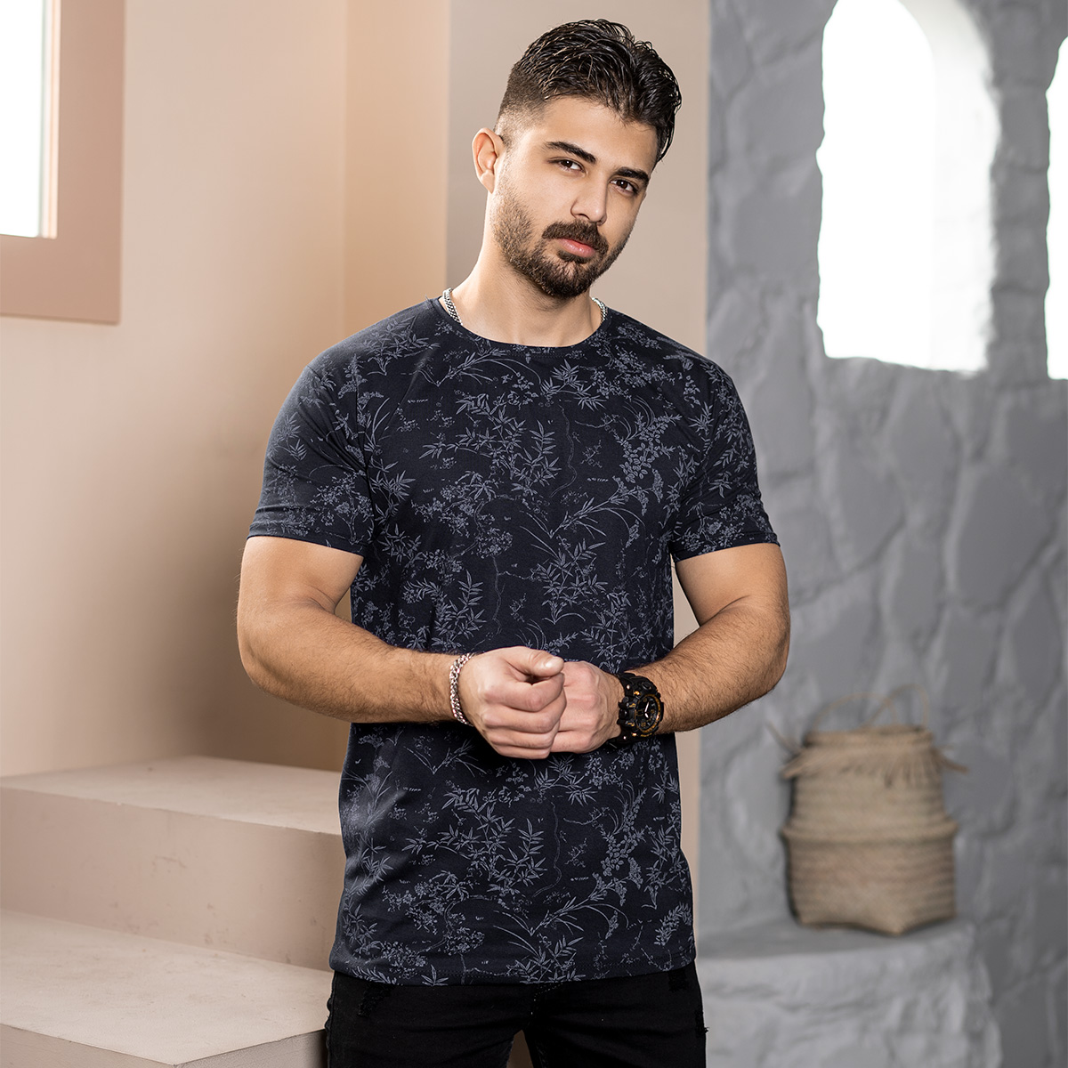 تیشرت مردانه طرح برگ مشکی مدل Jeasen