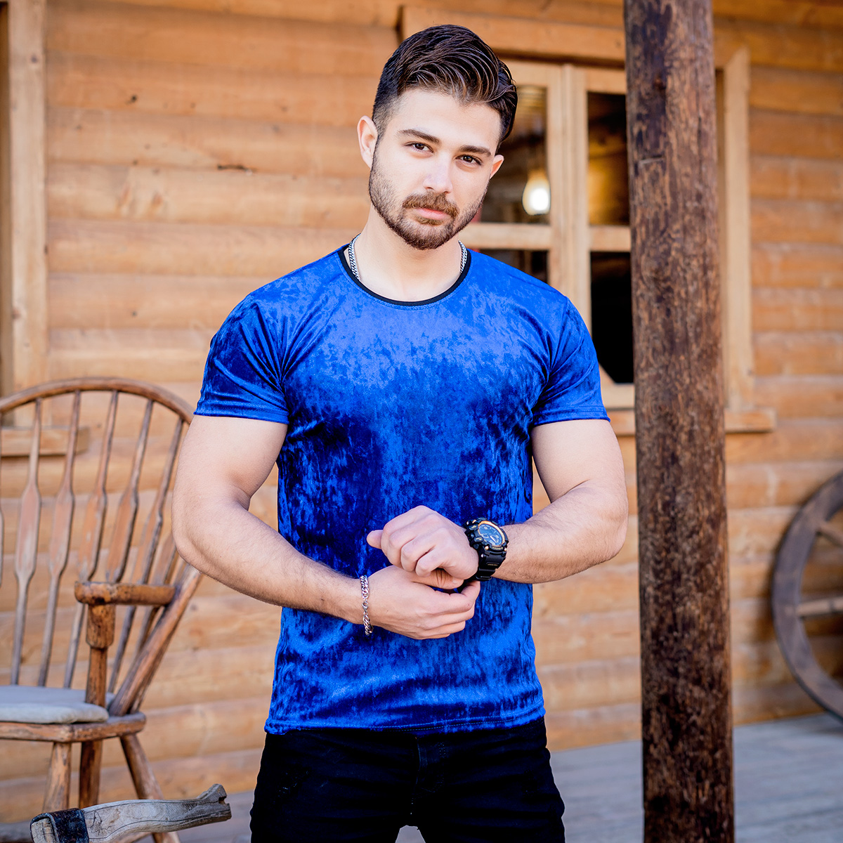 تیشرت مخمل آبی مردانه مدل kevin