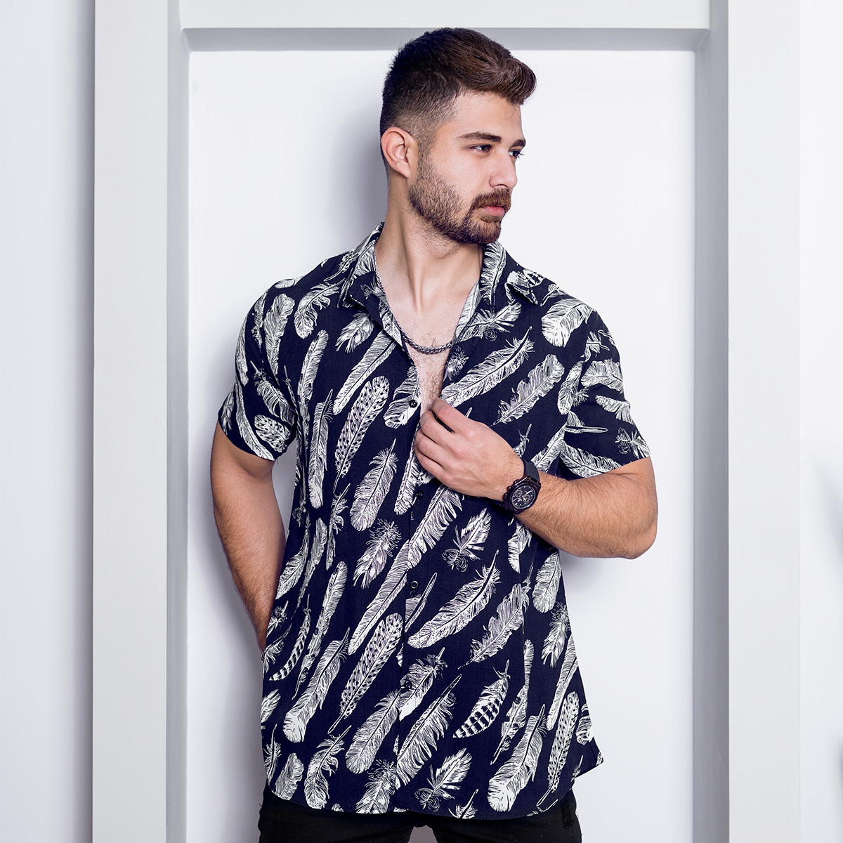 پیراهن هاوایی مردانه سرمه ای مدل Noyan