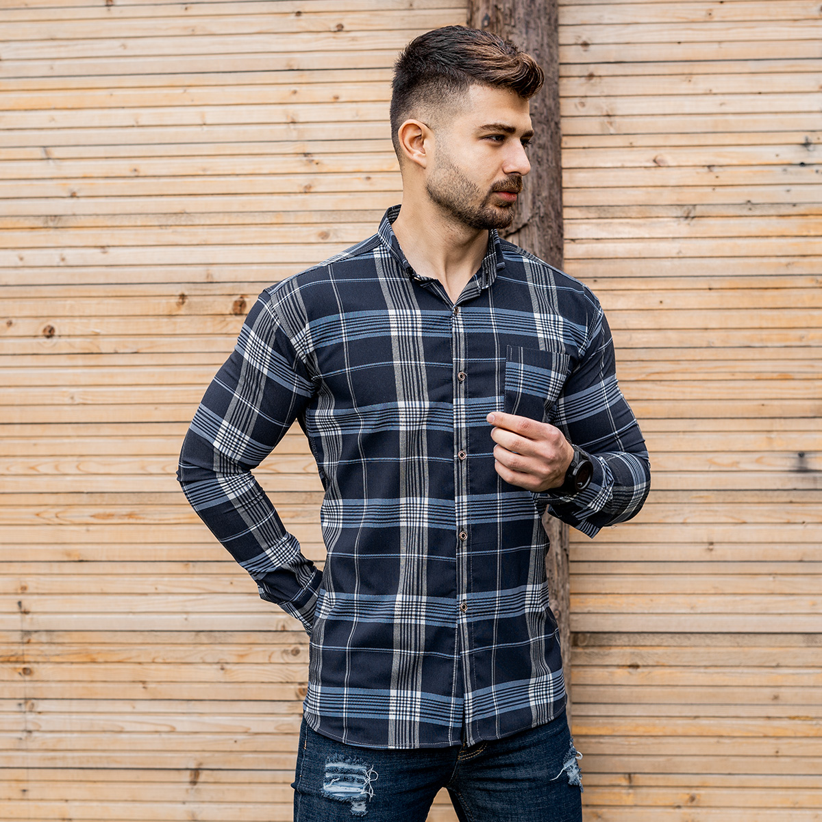 پیراهن راه راه مردانه طوسی آبی مدلwigo