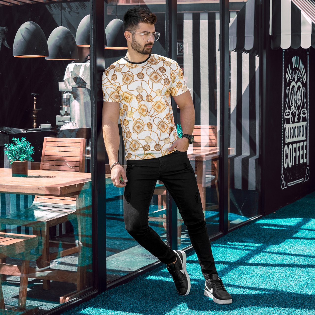 تیشرت مخمل سفید طلایی مردانه مدل golden