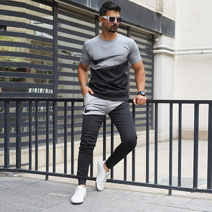 ست تیشرت شلوار نایک طوسی مشکی مردانه مدلMs2