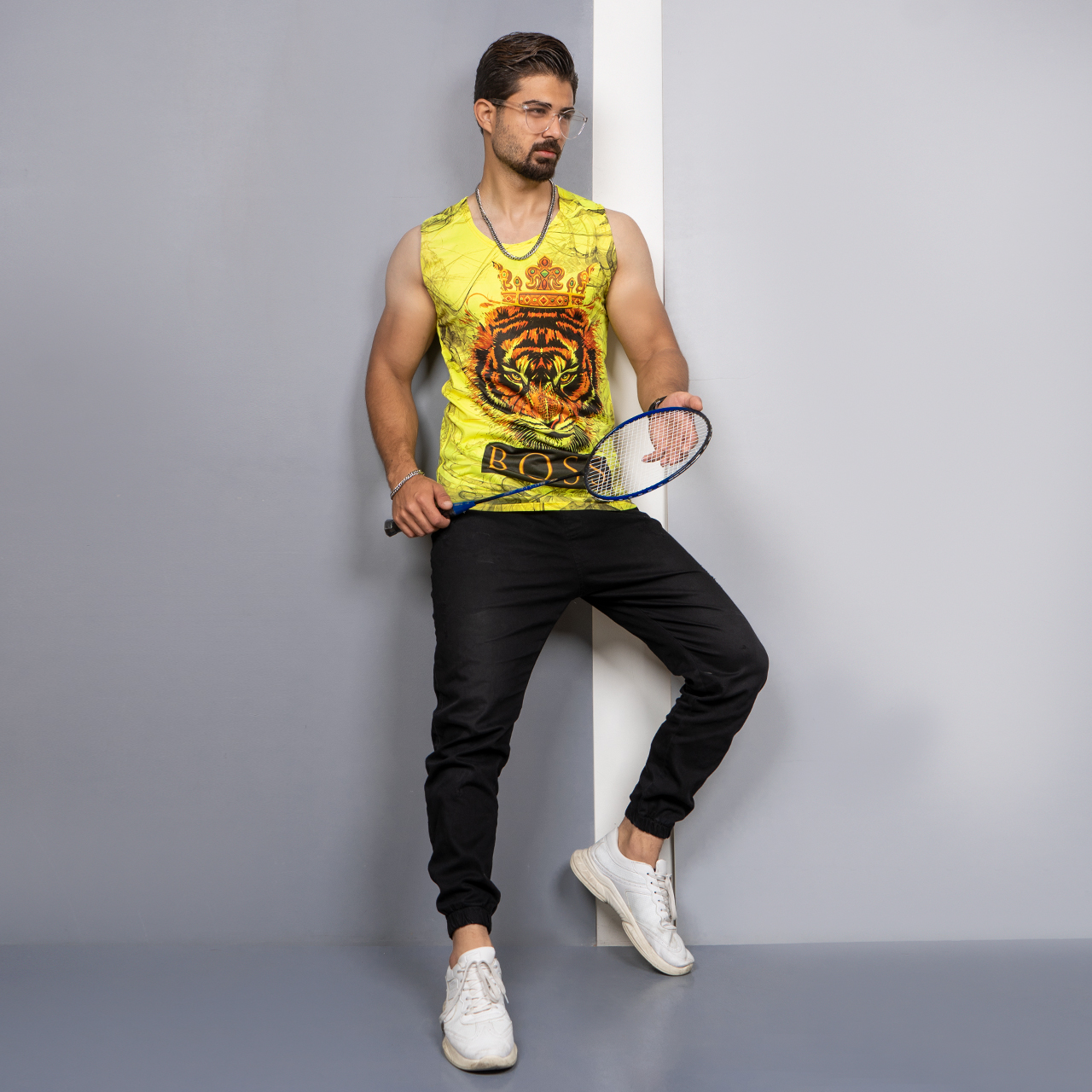 رکابی (T) زردطرح ببر مردانه مدل Boss