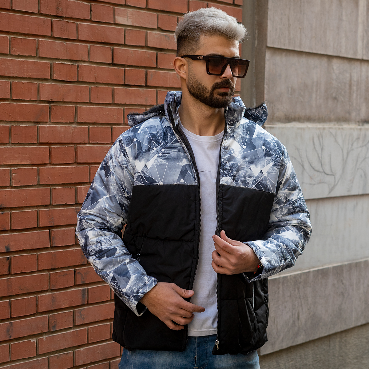 کاپشن مردانه طرح هندسی مشکی -طوسی مدلU800