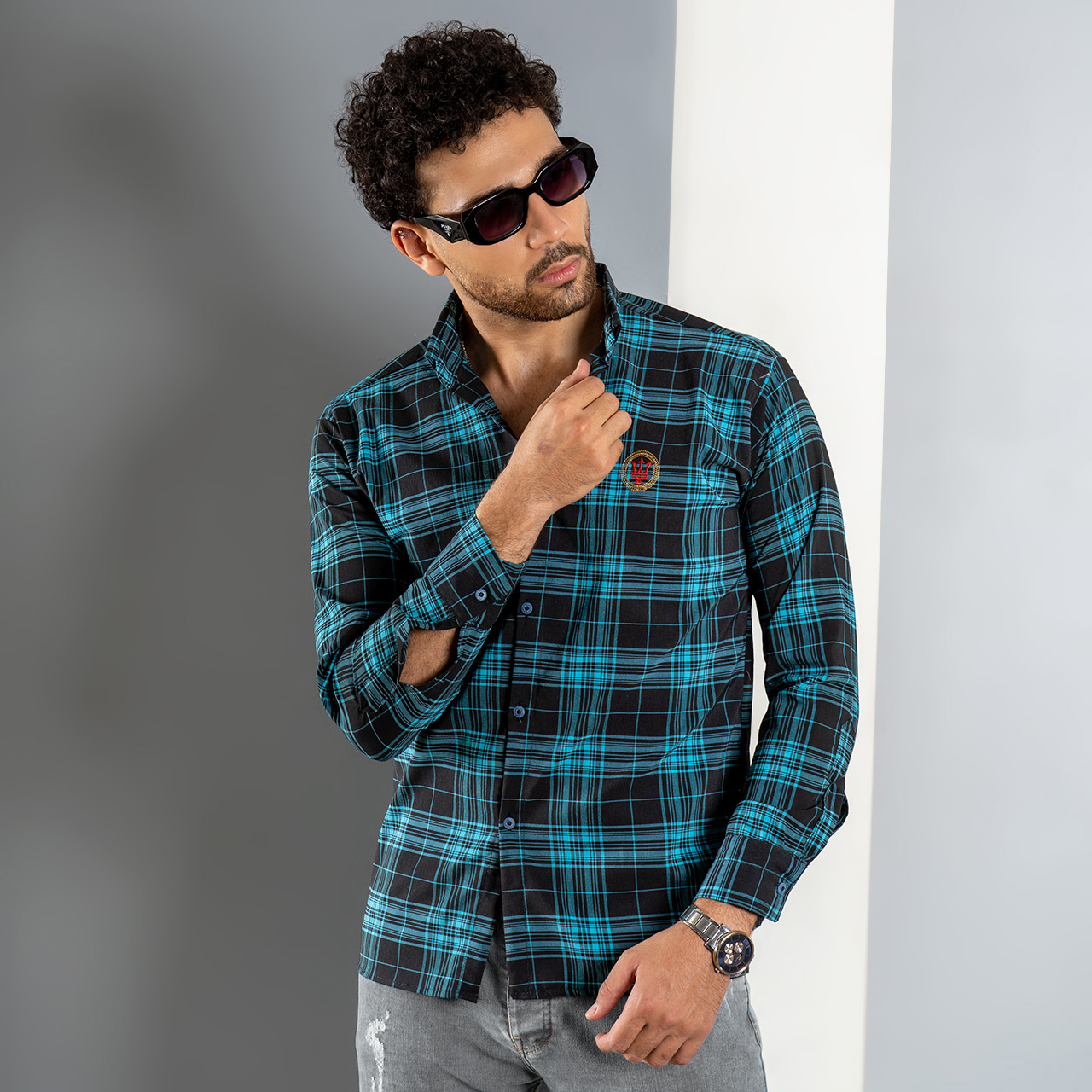 پیراهن چهارخونه سبز مردانه مدل Eyva