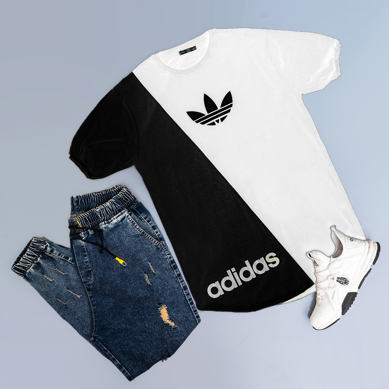 تیشرت Adidasسفید مشکی مردانه مدلBehnam