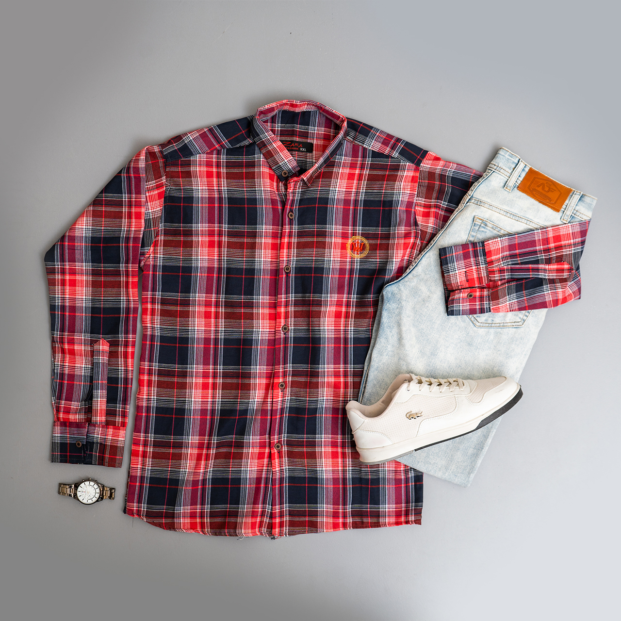 پیراهن چهارخونه مردانه سرمه ای قرمز مدلB13