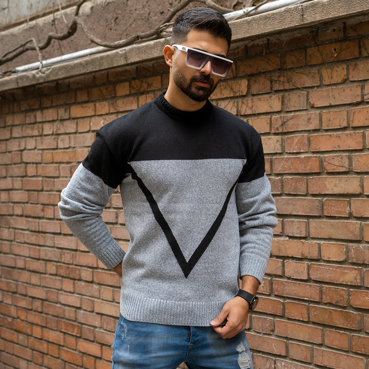 پلیور مردانه طوسی مشکی مدل Y900
