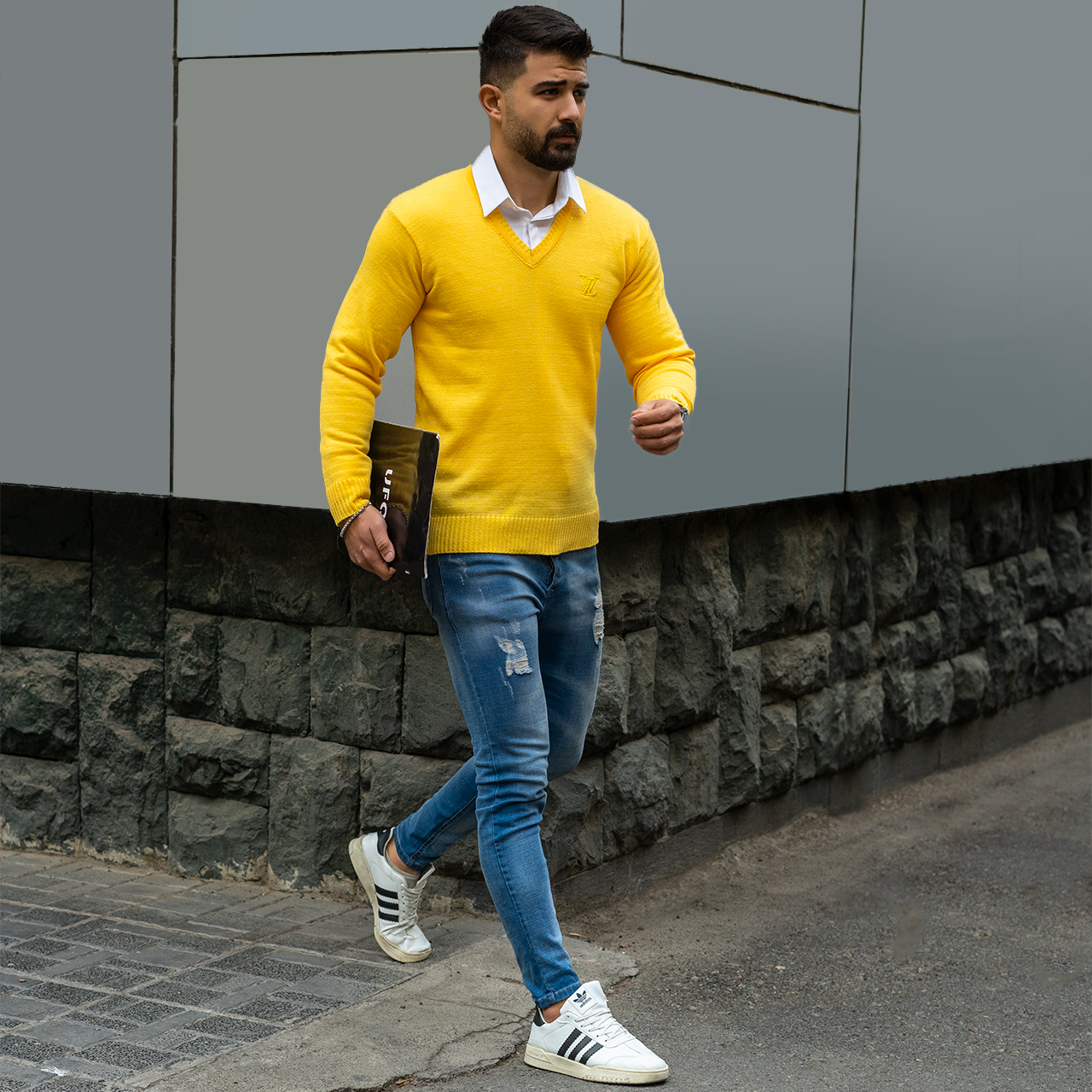 پلیوربافت یقه هفت زرد مردانه مدلETM