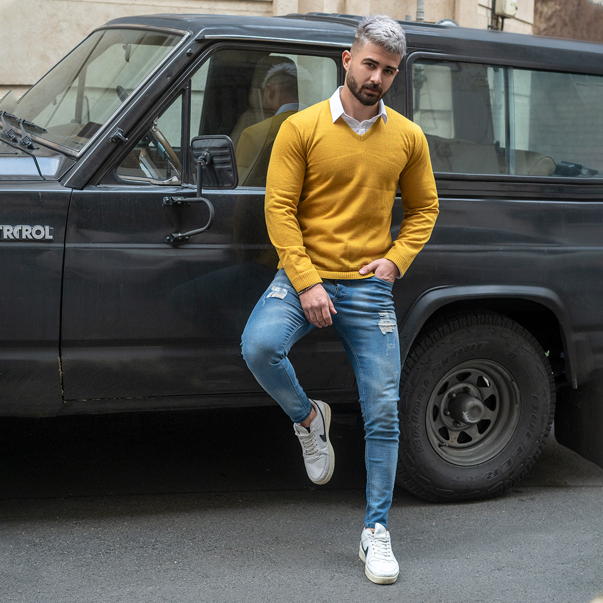 پلیوربافت یقه هفت خردلی مردانه مدل sorosh