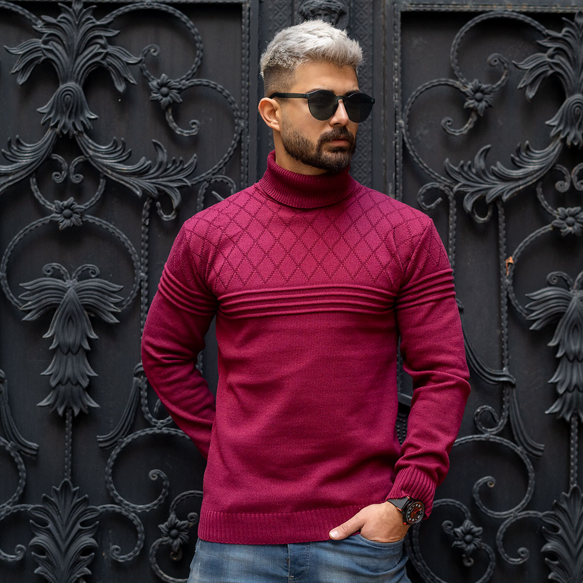 پلیور مردانه زرشکی طرح لوزی مدل Havash