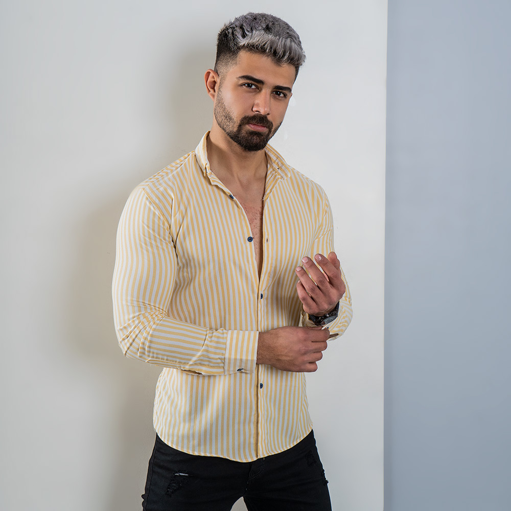 پیراهن راه راه سفید زرد مردانه مدل HAMED