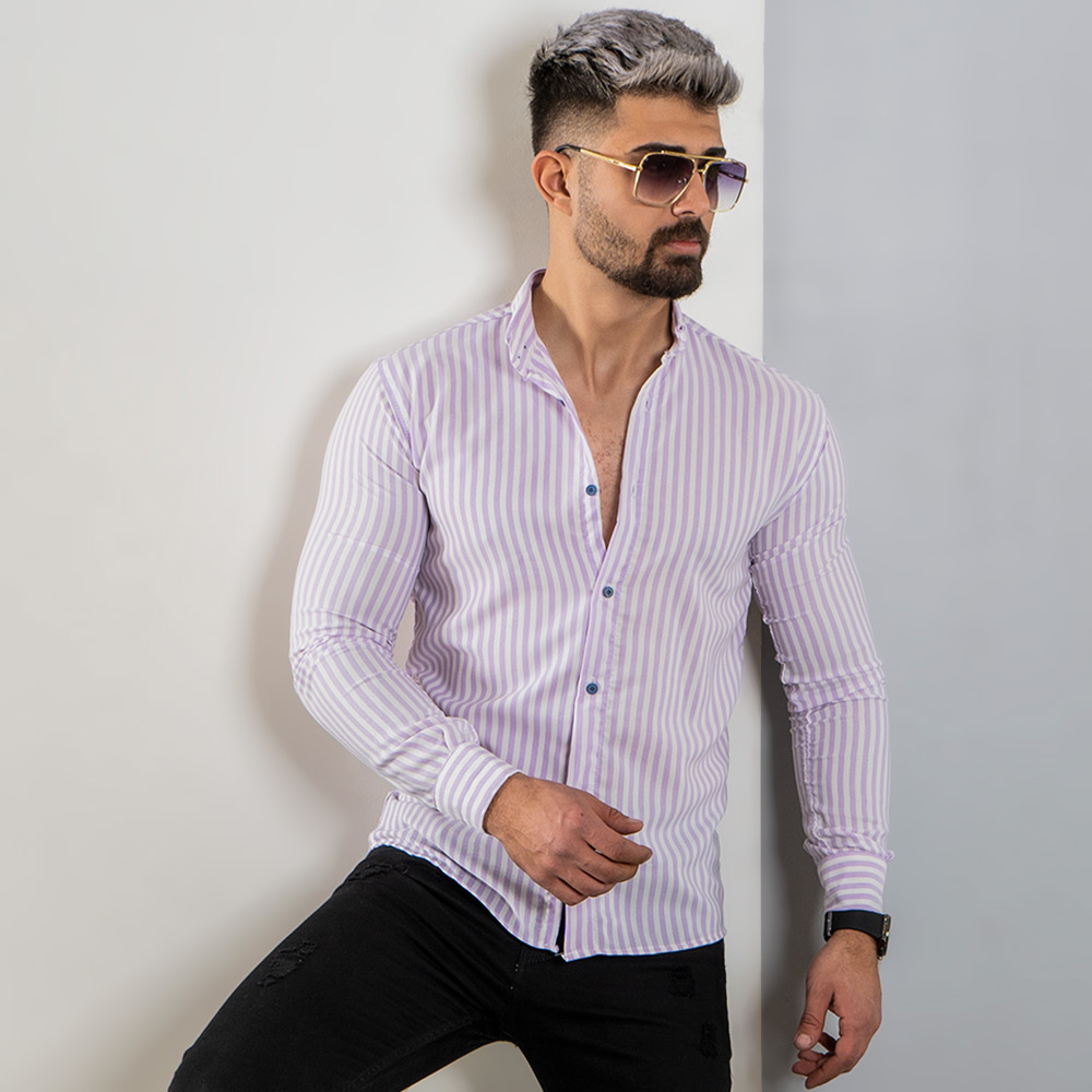 پیراهن راه راه سفید یاسی مردانه مدل HAMED