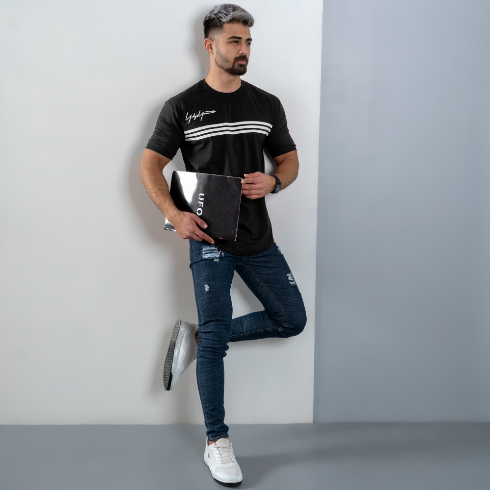 تیشرت مردانه سه خط مشکی مدل DENVER