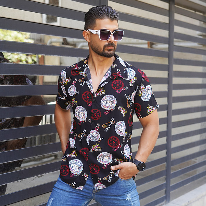 پیراهن هاوایی مردانه مشکی قرمز مدل Florence