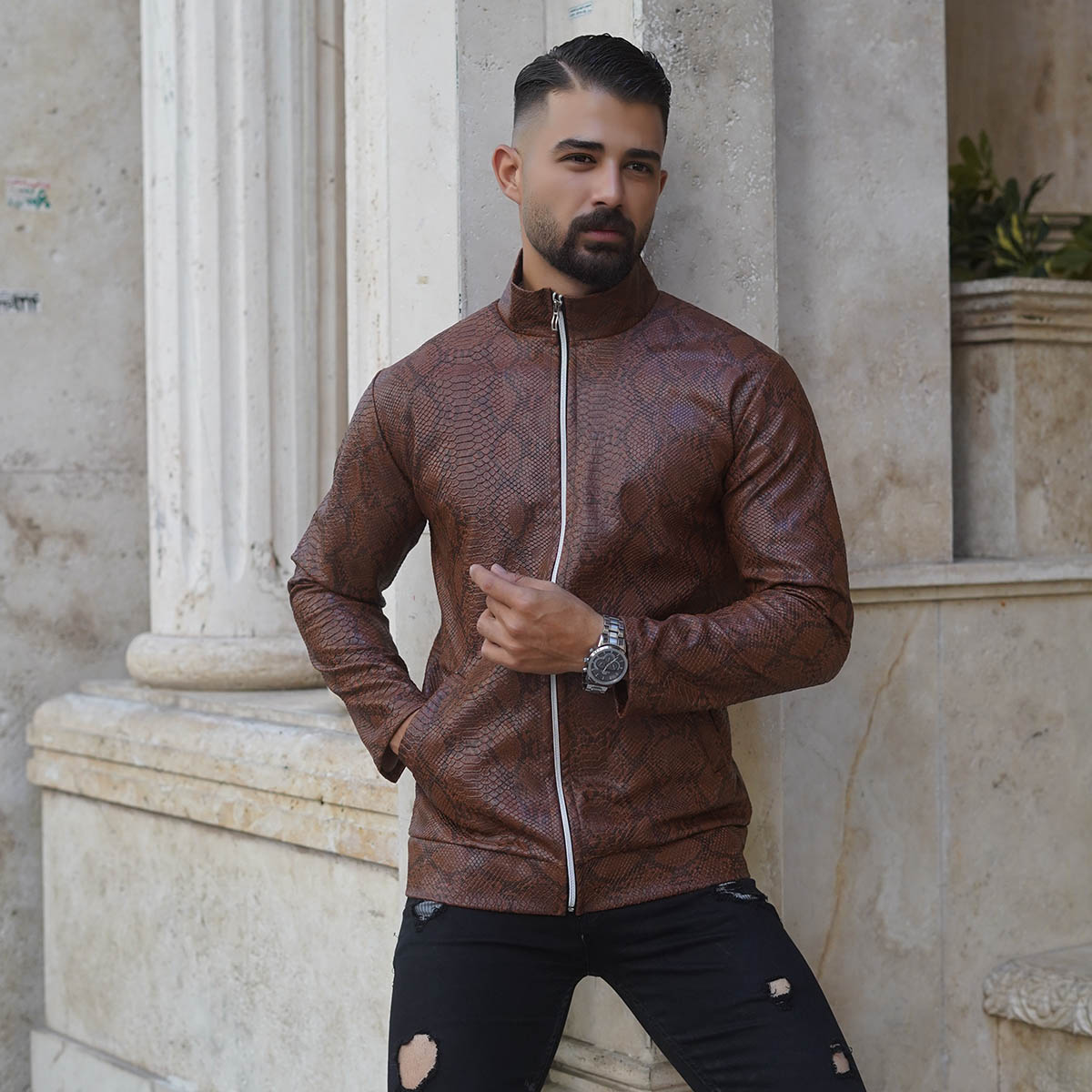 کاپشن چرم مردانه قهوه ای مدل Peyton