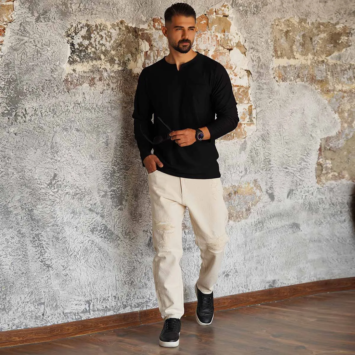 تیشرت آستین بلند یقه کوبایی مشکی مدل Asam