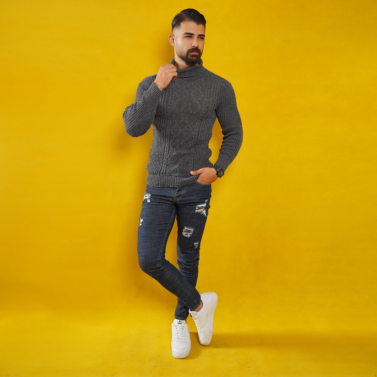 پلیوربافت مردانه ذغالی یقه اسکی مدل Hakan