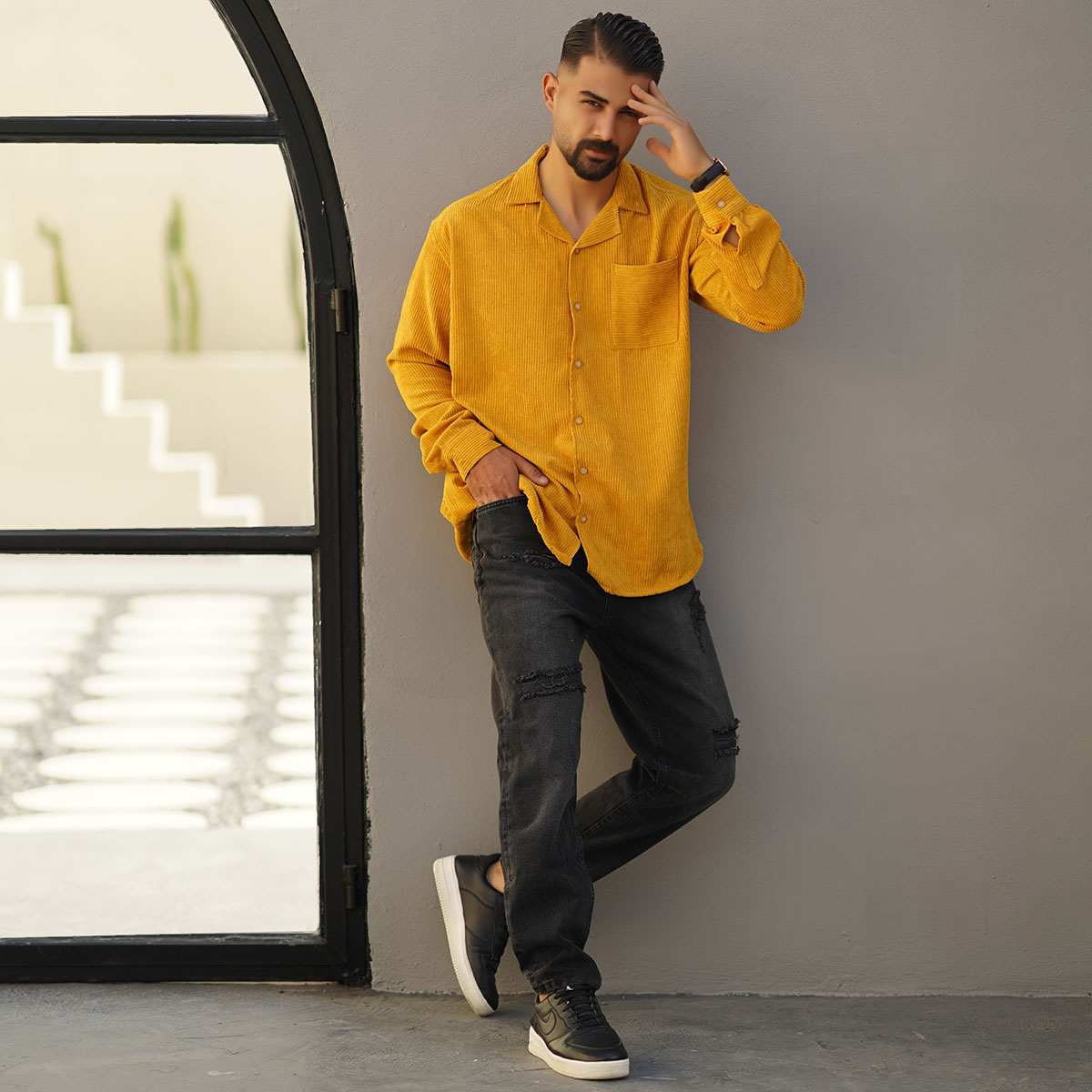 پیراهن مردانه کبریتی خردلی مدل Behtash