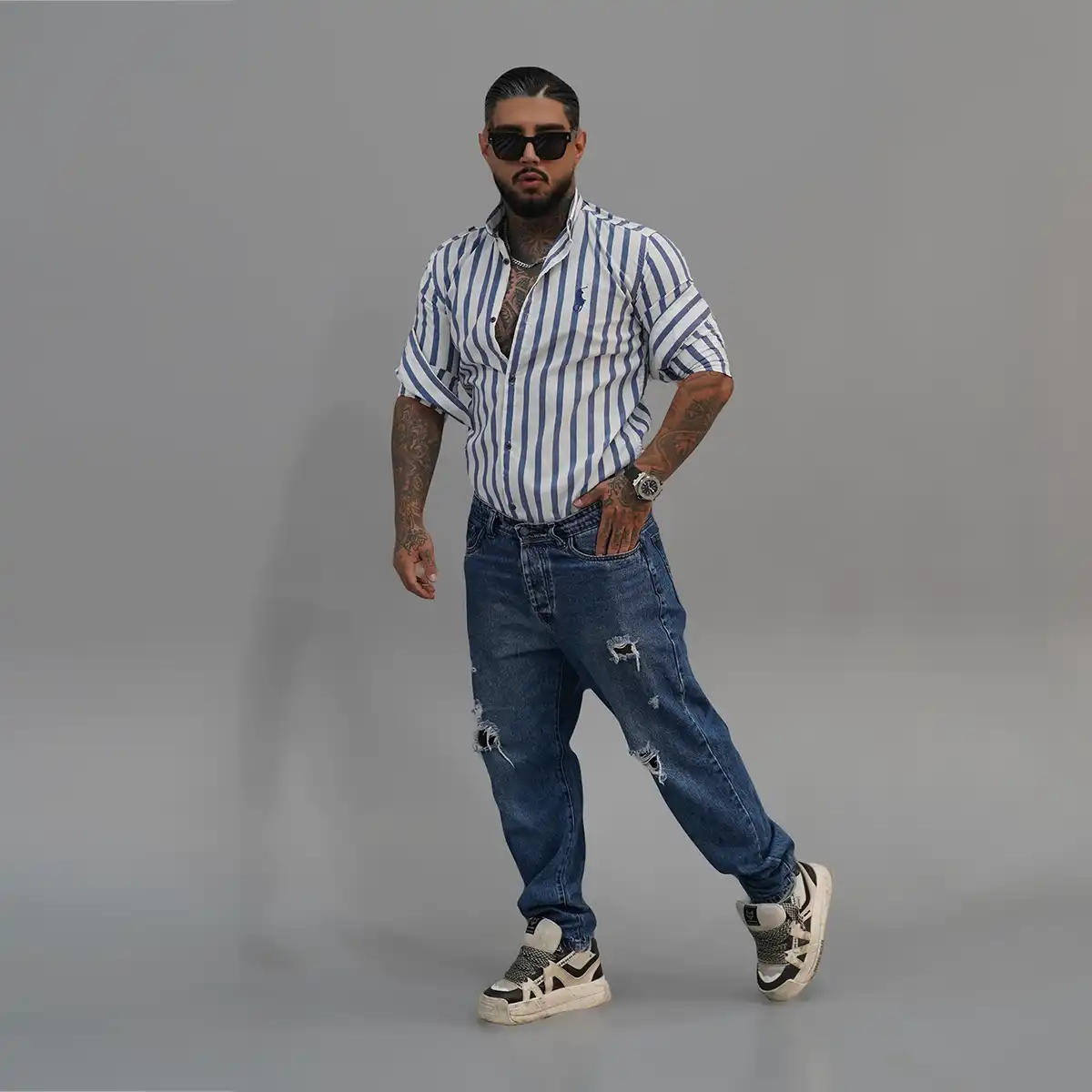 پیراهن مردانه سفید آبی مدل Hadi